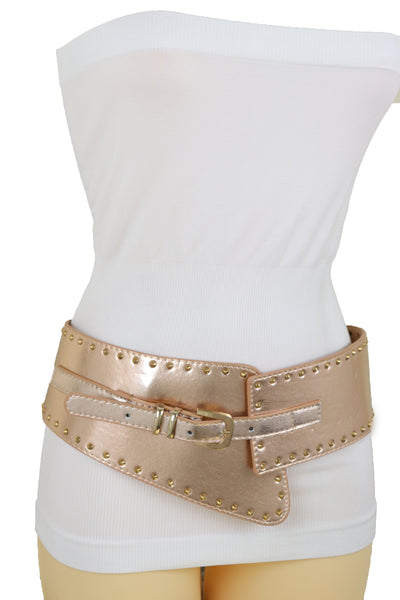 Brand New Women Wide Elastic Rose Gold Faux Leather Western Fashion Belt Metal Studs S M