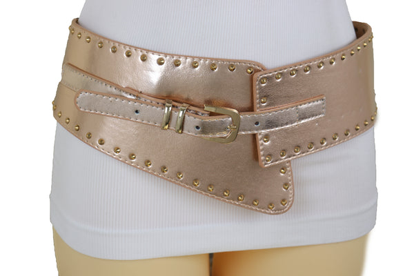 Brand New Women Wide Elastic Rose Gold Faux Leather Western Fashion Belt Metal Studs S M