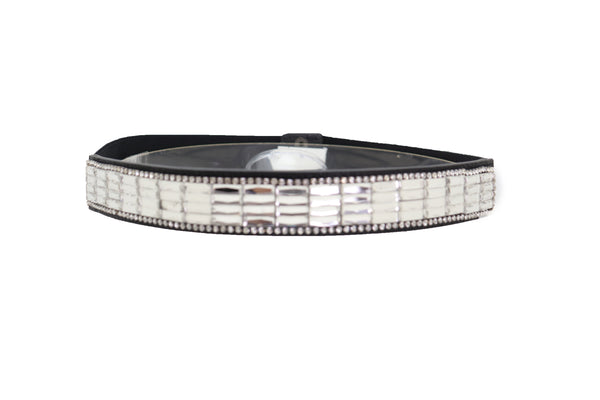 Brand New Women Skinny Black Elastic Waistband Fashion Belt Silver Bling Beads Size S M