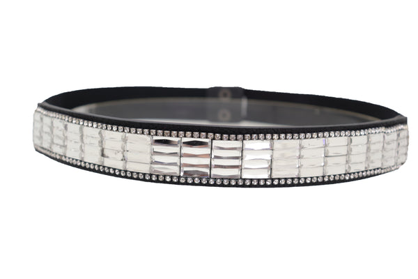 Brand New Women Skinny Black Elastic Waistband Fashion Belt Silver Bling Beads Size S M