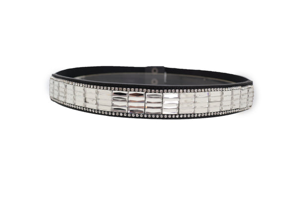 Brand New Women Skinny Black Elastic Waistband Fashion Belt Silver Bling Beads Size S M