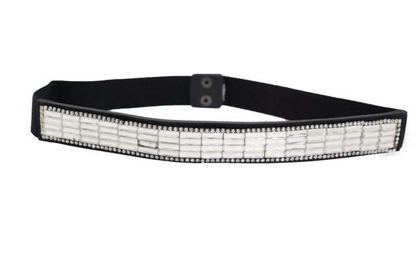 Brand New Women Skinny Black Elastic Waistband Fashion Belt Silver Bling Beads Size S M