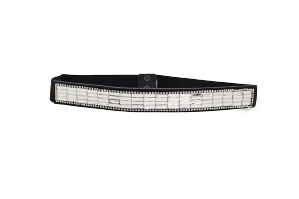 Brand New Women Skinny Black Elastic Waistband Fashion Belt Silver Bling Beads Size S M