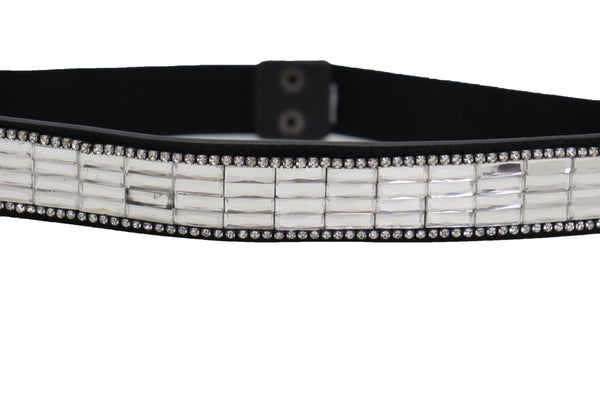 Brand New Women Skinny Black Elastic Waistband Fashion Belt Silver Bling Beads Size S M