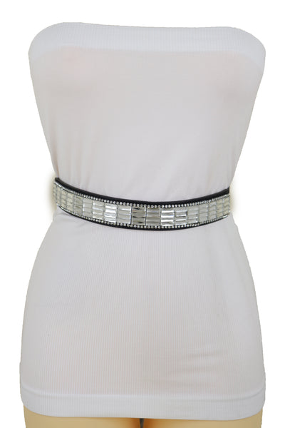 Brand New Women Skinny Black Elastic Waistband Fashion Belt Silver Bling Beads Size S M