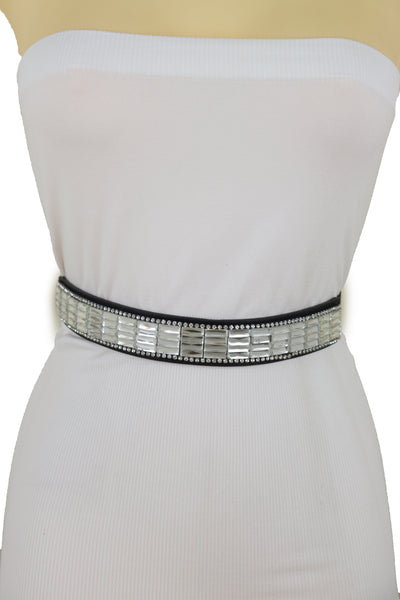 Brand New Women Skinny Black Elastic Waistband Fashion Belt Silver Bling Beads Size S M