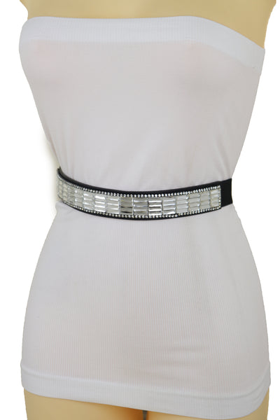 Brand New Women Skinny Black Elastic Waistband Fashion Belt Silver Bling Beads Size S M