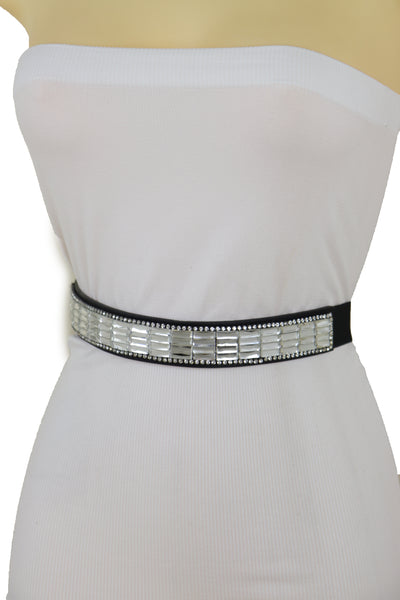 Brand New Women Skinny Black Elastic Waistband Fashion Belt Silver Bling Beads Size S M