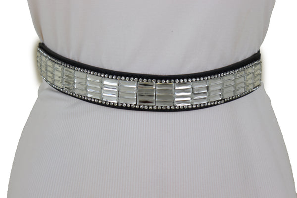 Brand New Women Skinny Black Elastic Waistband Fashion Belt Silver Bling Beads Size S M