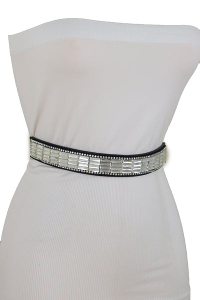 Brand New Women Skinny Black Elastic Waistband Fashion Belt Silver Bling Beads Size S M