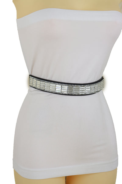 Brand New Women Skinny Black Elastic Waistband Fashion Belt Silver Bling Beads Size S M