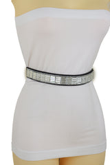Skinny Black Elastic Waistband Fashion Belt Silver Bling Beads Size S M