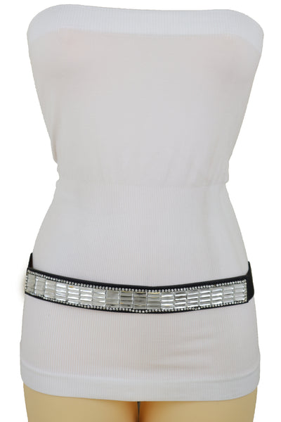 Brand New Women Skinny Black Elastic Waistband Fashion Belt Silver Bling Beads Size S M