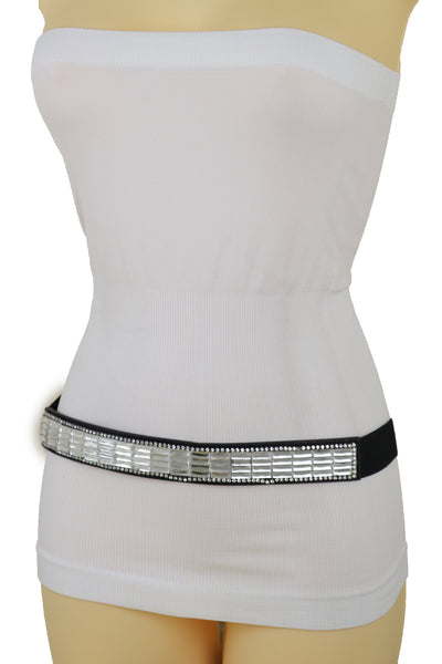 Brand New Women Skinny Black Elastic Waistband Fashion Belt Silver Bling Beads Size S M
