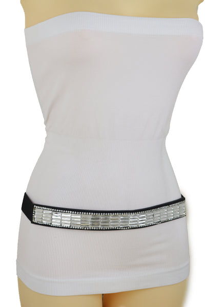 Brand New Women Skinny Black Elastic Waistband Fashion Belt Silver Bling Beads Size S M