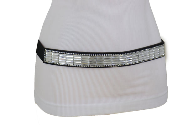 Brand New Women Skinny Black Elastic Waistband Fashion Belt Silver Bling Beads Size S M