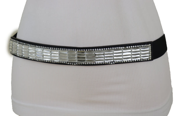 Brand New Women Skinny Black Elastic Waistband Fashion Belt Silver Bling Beads Size S M