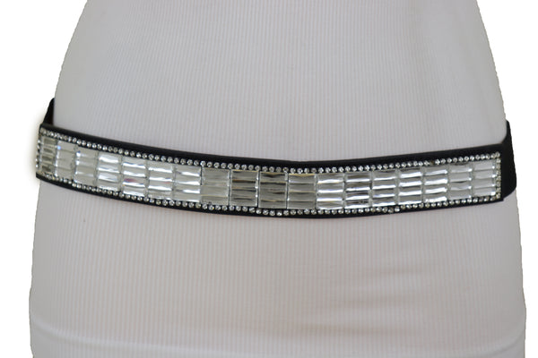 Brand New Women Skinny Black Elastic Waistband Fashion Belt Silver Bling Beads Size S M