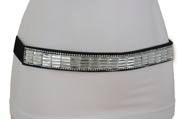 Brand New Women Skinny Black Elastic Waistband Fashion Belt Silver Bling Beads Size S M