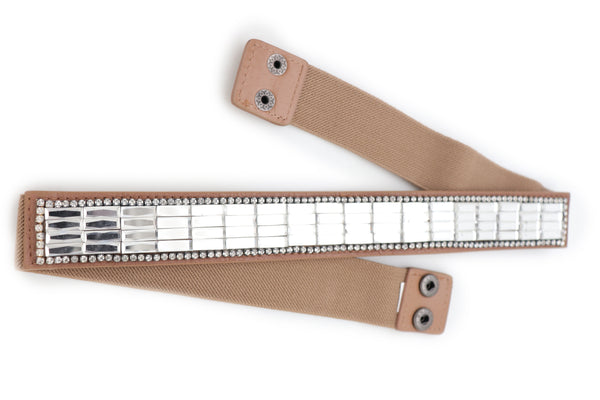 Brand New Women Skinny Brown Elastic Band Fashion Belt Shiny Silver Bling Beads Size S M