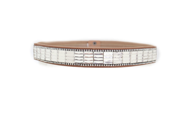 Brand New Women Skinny Brown Elastic Band Fashion Belt Shiny Silver Bling Beads Size S M
