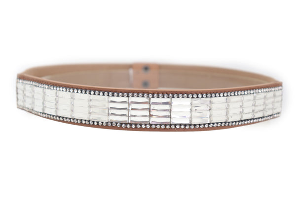 Brand New Women Skinny Brown Elastic Band Fashion Belt Shiny Silver Bling Beads Size S M