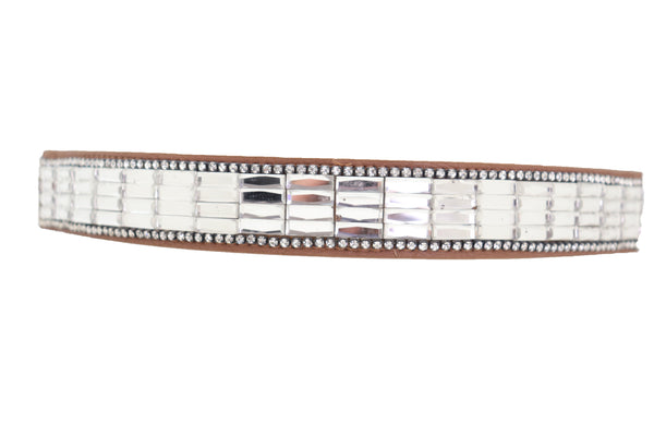 Brand New Women Skinny Brown Elastic Band Fashion Belt Shiny Silver Bling Beads Size S M