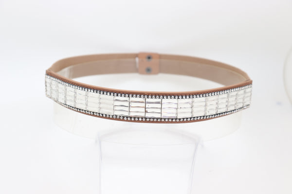 Brand New Women Skinny Brown Elastic Band Fashion Belt Shiny Silver Bling Beads Size S M