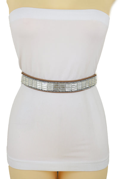 Brand New Women Skinny Brown Elastic Band Fashion Belt Shiny Silver Bling Beads Size S M