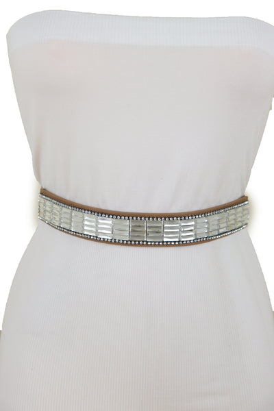 Brand New Women Skinny Brown Elastic Band Fashion Belt Shiny Silver Bling Beads Size S M