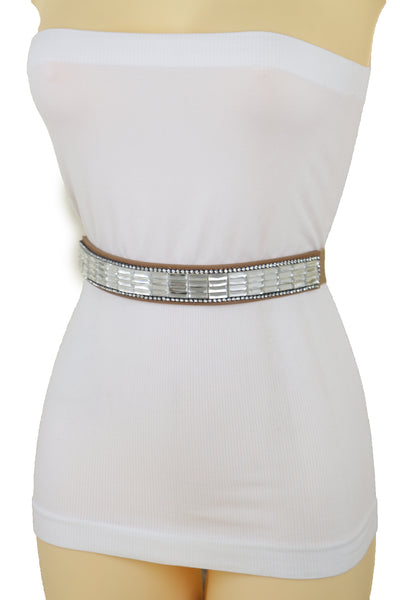 Brand New Women Skinny Brown Elastic Band Fashion Belt Shiny Silver Bling Beads Size S M