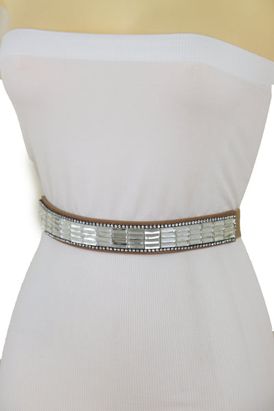 Brand New Women Skinny Brown Elastic Band Fashion Belt Shiny Silver Bling Beads Size S M