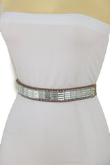 Skinny Brown Elastic Band Fashion Belt Shiny Silver Bling Beads Size S M