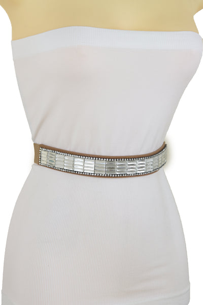Brand New Women Skinny Brown Elastic Band Fashion Belt Shiny Silver Bling Beads Size S M