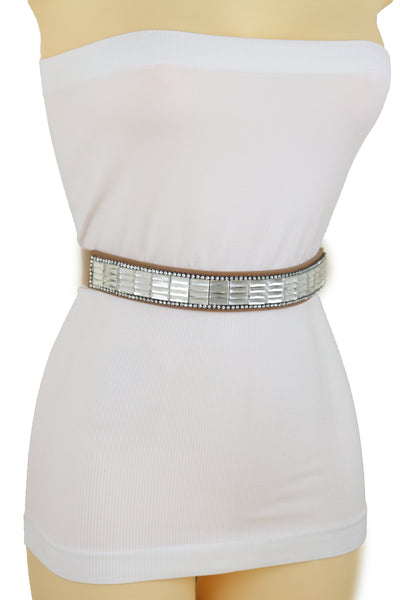 Brand New Women Skinny Brown Elastic Band Fashion Belt Shiny Silver Bling Beads Size S M