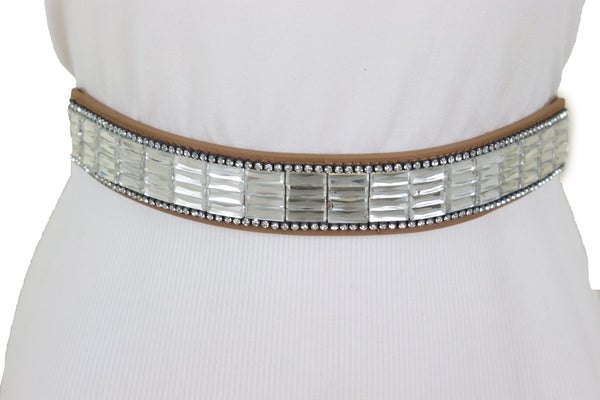 Brand New Women Skinny Brown Elastic Band Fashion Belt Shiny Silver Bling Beads Size S M