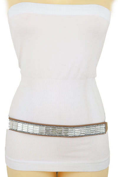Brand New Women Skinny Brown Elastic Band Fashion Belt Shiny Silver Bling Beads Size S M
