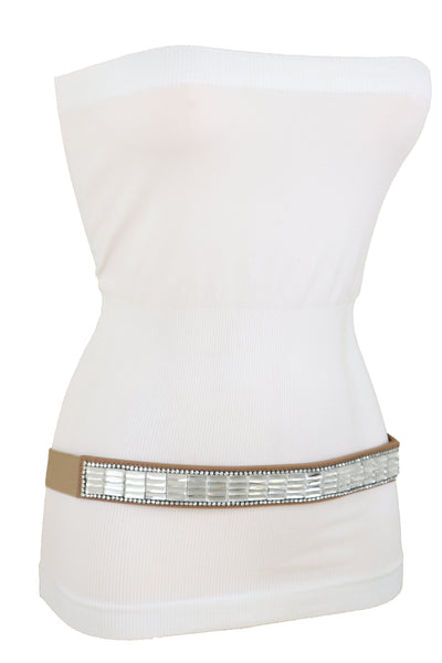 Brand New Women Skinny Brown Elastic Band Fashion Belt Shiny Silver Bling Beads Size S M