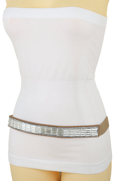 Brand New Women Skinny Brown Elastic Band Fashion Belt Shiny Silver Bling Beads Size S M