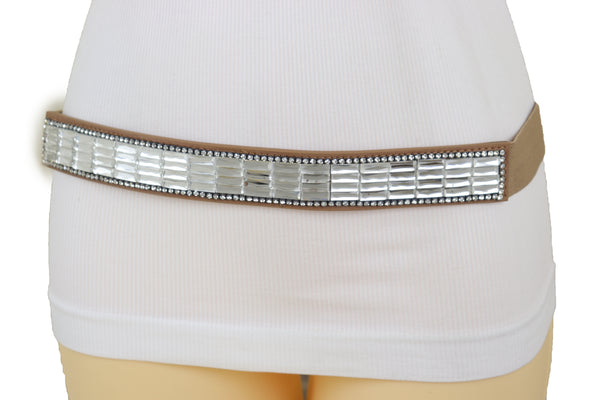 Brand New Women Skinny Brown Elastic Band Fashion Belt Shiny Silver Bling Beads Size S M