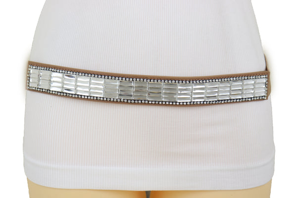 Brand New Women Skinny Brown Elastic Band Fashion Belt Shiny Silver Bling Beads Size S M