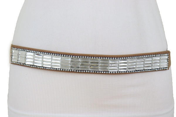 Brand New Women Skinny Brown Elastic Band Fashion Belt Shiny Silver Bling Beads Size S M