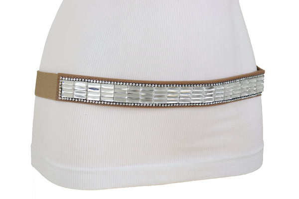 Brand New Women Skinny Brown Elastic Band Fashion Belt Shiny Silver Bling Beads Size S M