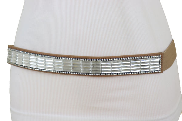 Brand New Women Skinny Brown Elastic Band Fashion Belt Shiny Silver Bling Beads Size S M