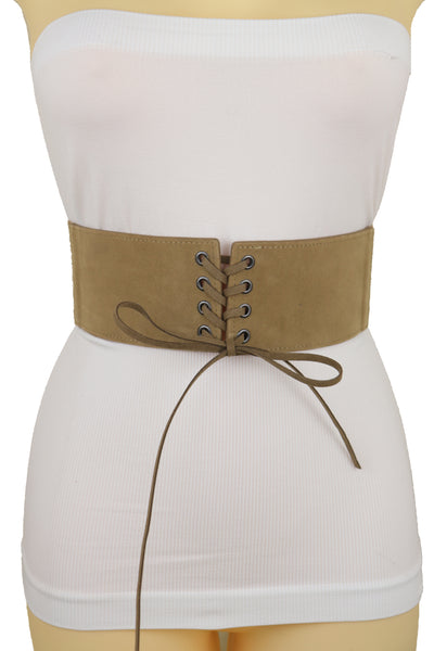 Brand New Women Beige Camel Faux Suede Leather Elastic Corset Fashion Belt Hip High Waist Fit Size S M
