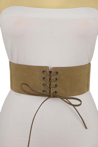 Brand New Women Beige Camel Faux Suede Leather Elastic Corset Fashion Belt Hip High Waist Fit Size S M