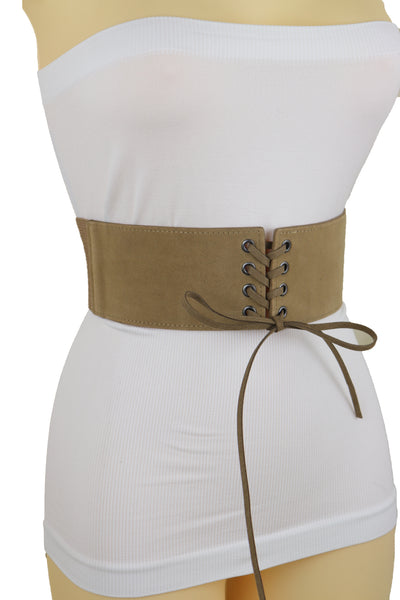 Brand New Women Beige Camel Faux Suede Leather Elastic Corset Fashion Belt Hip High Waist Fit Size S M