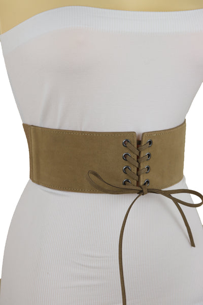 Brand New Women Beige Camel Faux Suede Leather Elastic Corset Fashion Belt Hip High Waist Fit Size S M
