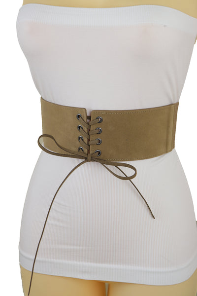 Brand New Women Beige Camel Faux Suede Leather Elastic Corset Fashion Belt Hip High Waist Fit Size S M
