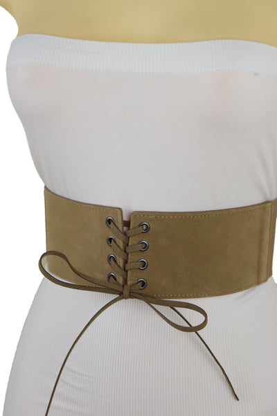 Brand New Women Beige Camel Faux Suede Leather Elastic Corset Fashion Belt Hip High Waist Fit Size S M
